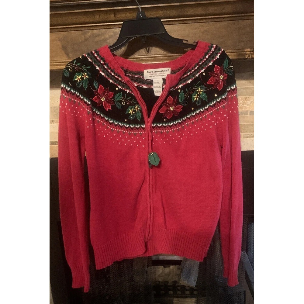 Women's Tiara International Christmas Collection‎ Size Medium Red Cardigan Zip